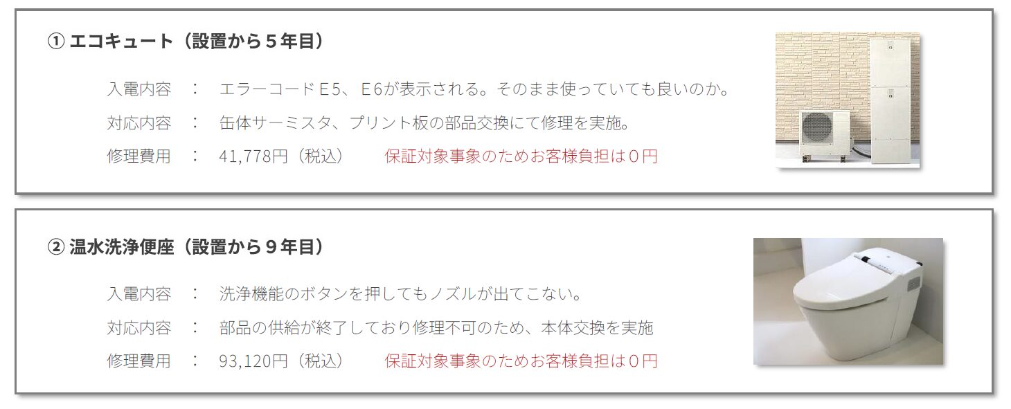 事例1：エコキュート（設置から5年目） 「エラーコードが表示される」とのご連絡。部品交換による修理で対応しました。 → 通常なら 41,778円（税込） のところ、保証対象のため お客様のご負担は0円。  事例2：温水洗浄便座（設置から9年目） 「洗浄ボタンを押してもノズルが出てこない」とのご連絡。修理用部品の供給が終了していたため、本体交換で対応しました。 → 通常なら 93,120円（税込） のところ、保証対象のため お客様のご負担は0円。